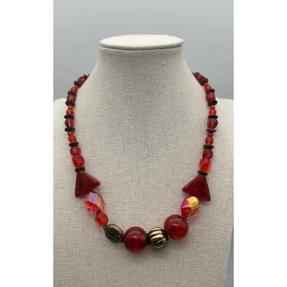 Beautiful Brass Tone And Red Beaded Necklace With A Few AB Coated Boho Beauty - Picture 1 of 5